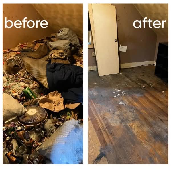 Before and after photos of a cluttered attic room cleared out by our crew
